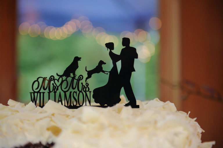 The bride and groom's cake topper honoring their canine kids at the Indian Springs Metropark wedding in White Lake, Michigan.