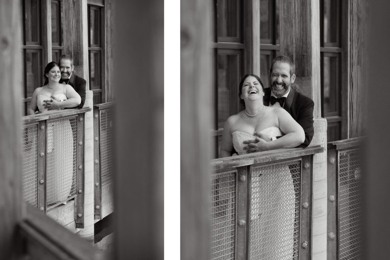 The bride and groom share a laugh while posing at the Environmental Discover Center at the Indian Springs Metropark in White Lake, Michigan.