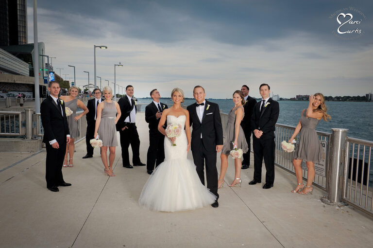 Wedding party photo on the docks in front of the Waterview Loft in downtown Detroit, Michigan.