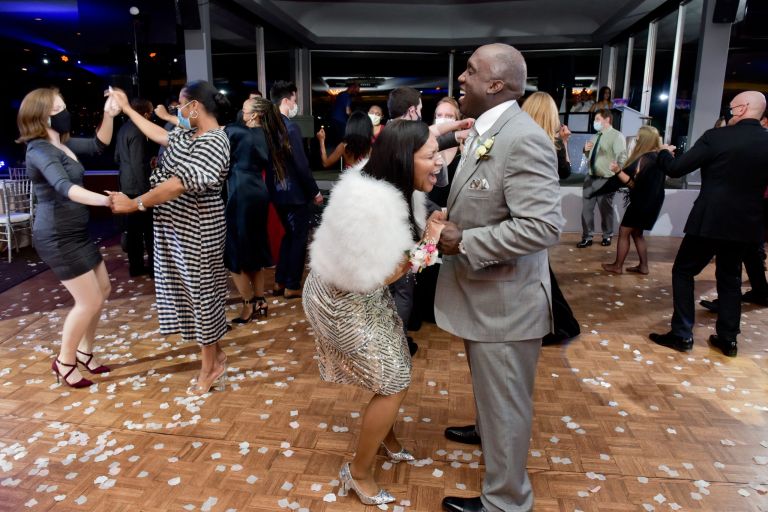 A guest loses it on the dance floor at Roostertail in Detroit, Michigan.