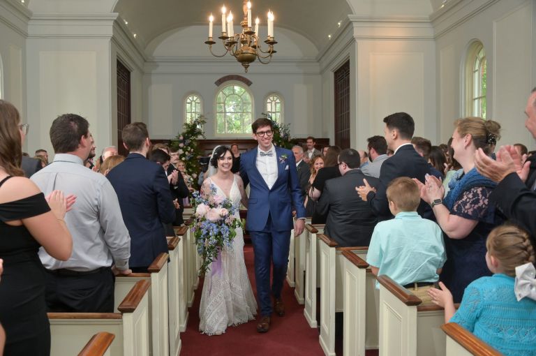 Walking down the aisle at the Martha-Mary Chapel in Greenfield Village, Dearborn, Michigan.