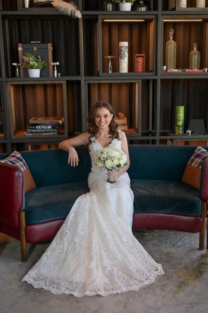 The bride at the library / bar.