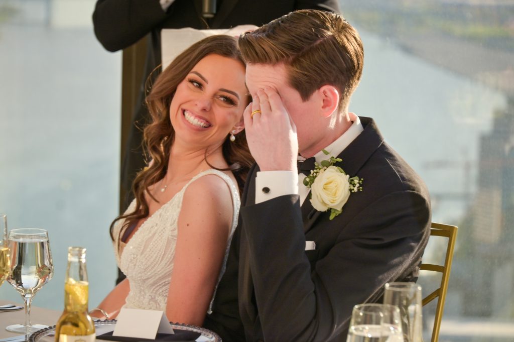 The bride and groom during their speeches.