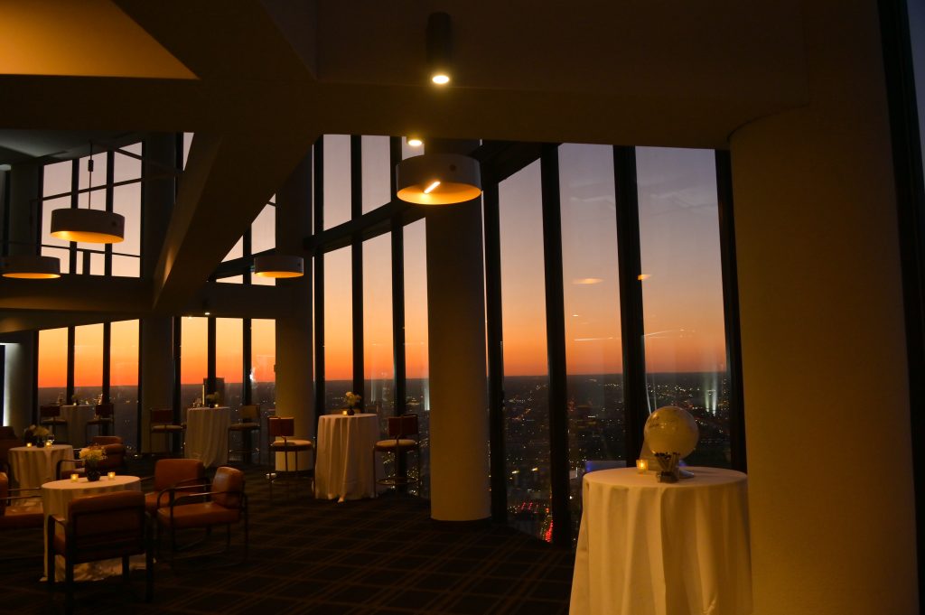 Detroit sunset out the windows of the Highland Detroit wedding.