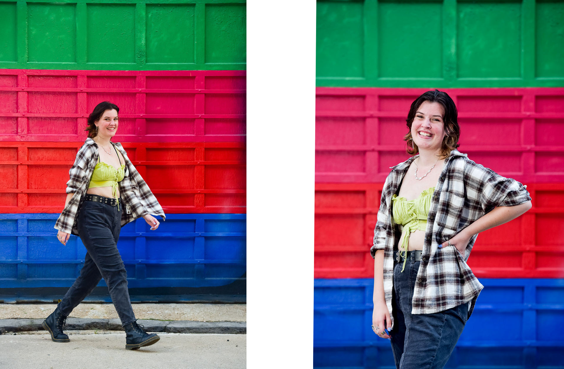 A colorful garage door downtown Detroit makes a great background for this Bloomfield, Michigan senior's pictures.