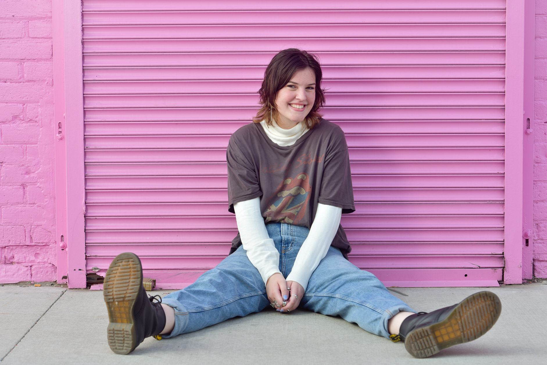 Love this bubble gum pink background we found in Detroit for Bloomfield, MI senior's photos.