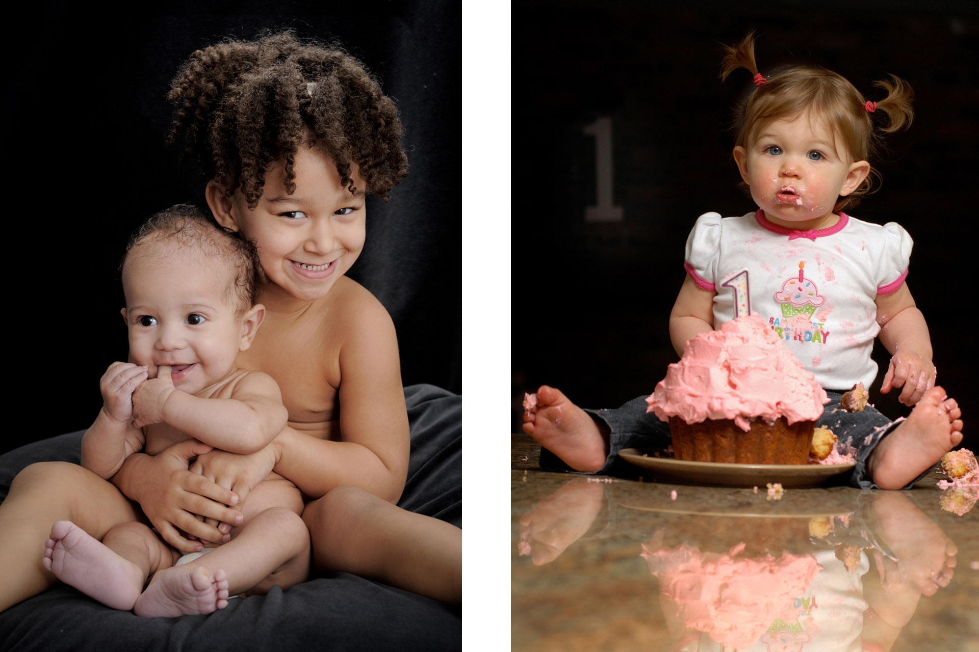 Best Detroit children photographer's fun and candid children photos can be done in my Troy studio like the photo on the left of a little girl and her baby brother as well as a little girl celebrating her first birthday at her house in the metro Detroit, Michigan area.