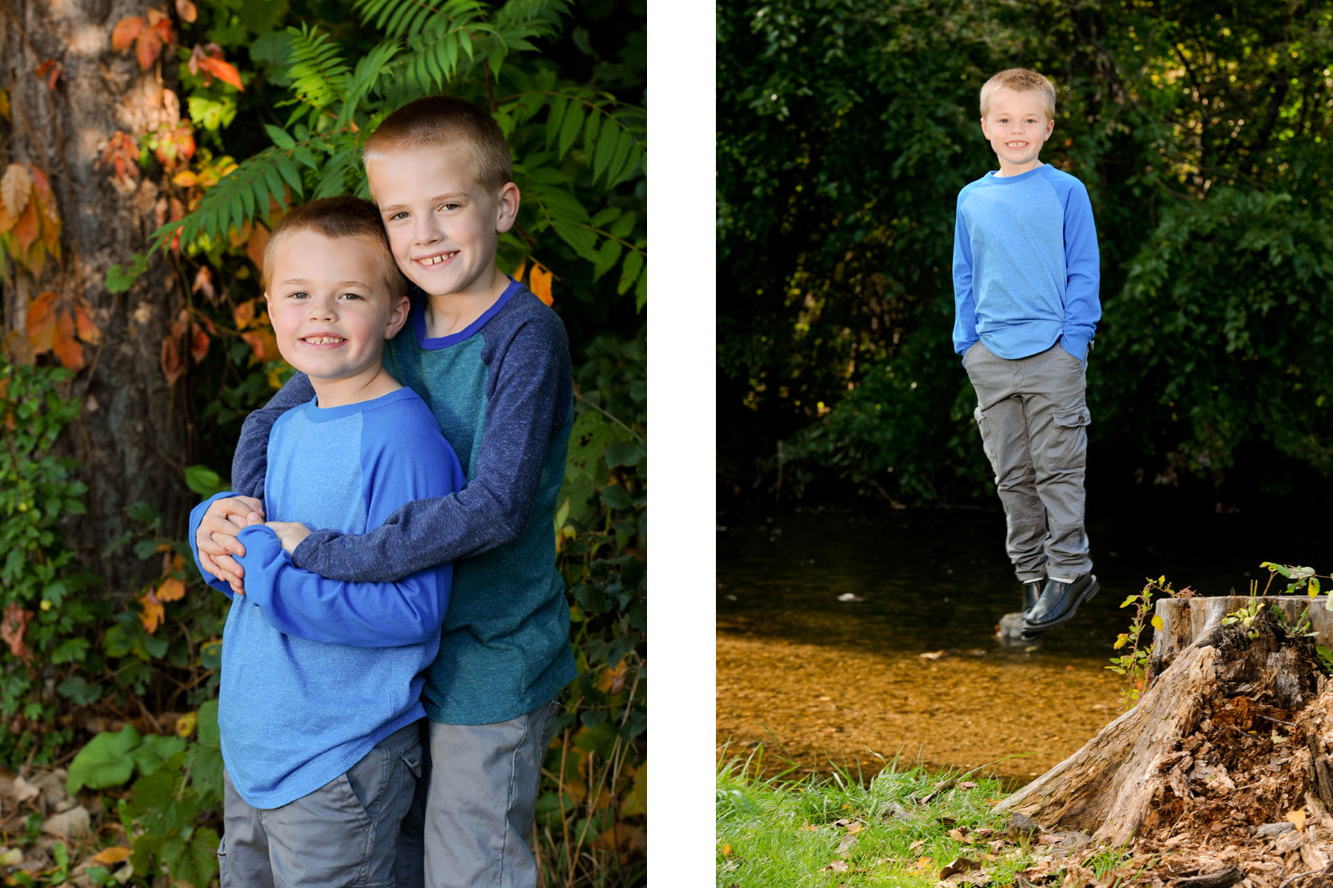 Best Detroit children photographer photographs two adorable siblings who LOVE to hug each other along with a wacky candid photo of one of the boys jumping off a log at a park in metro Detroit, Michigan.