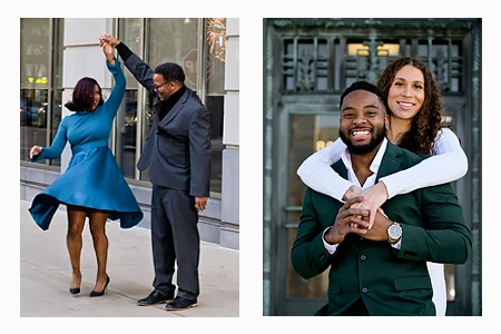 Two different couples playing during their engagement sessions downtown Detroit.