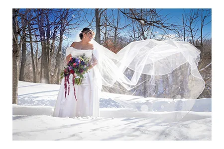 Bride's epic portrait in snow at 2 GatherMore in Michigan