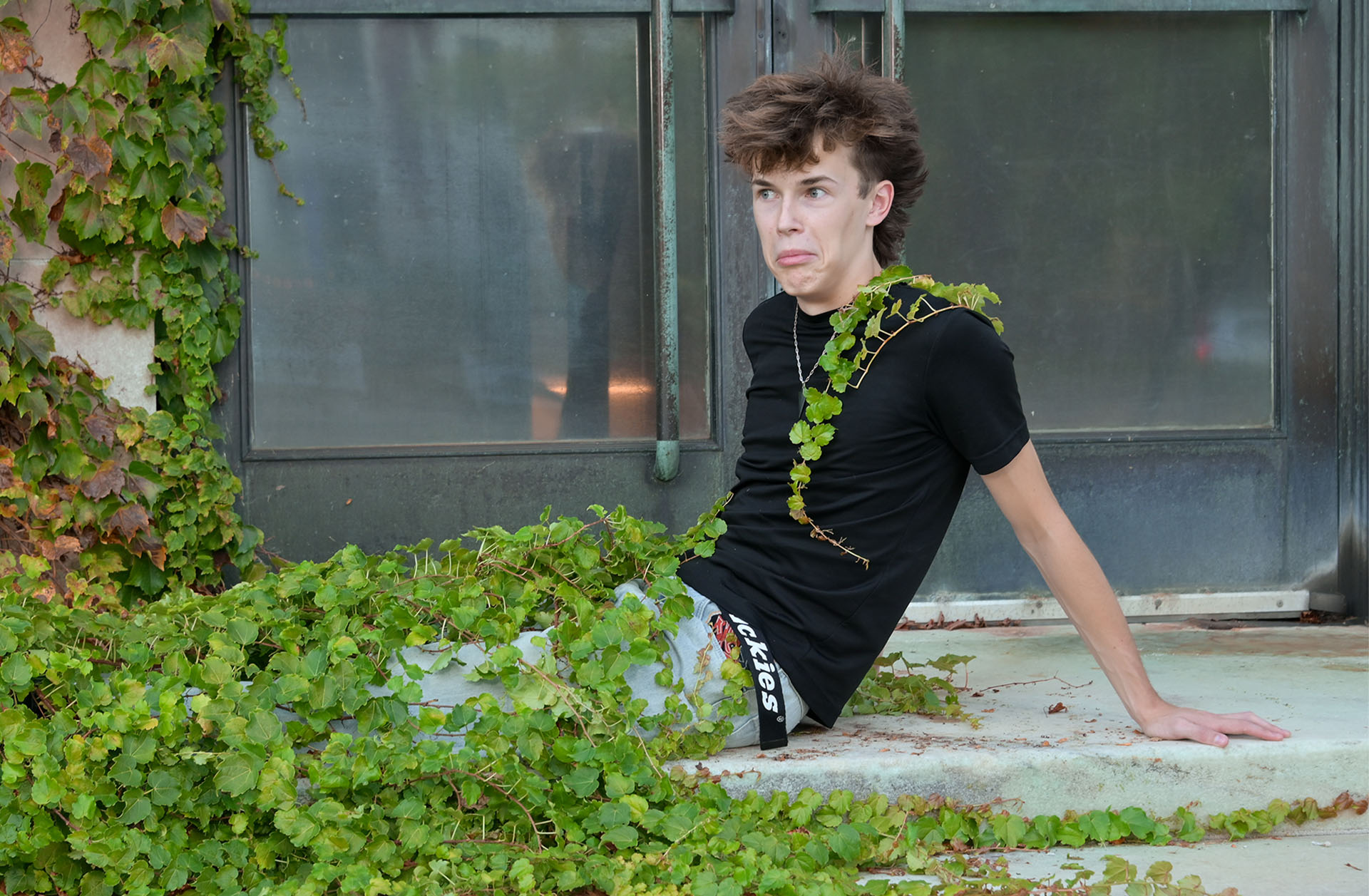 Adam's initial response to draping vines all over him was totally understandable. But with a little urging from me, the photographer and his Dad who could see what I was doing, I think you'll agree the results are stellar.