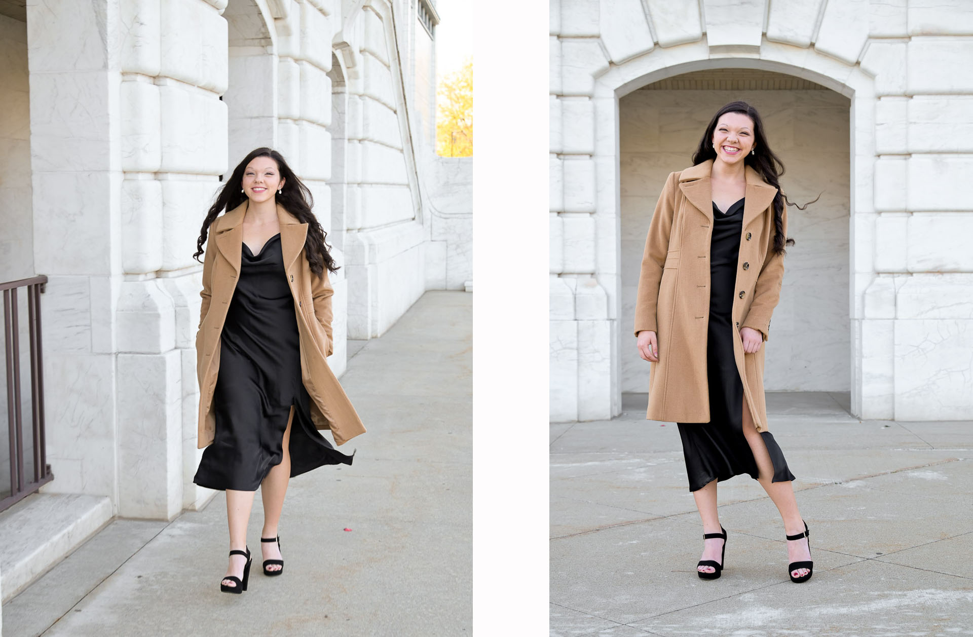 Senior, Olivia, at the Art Museum for her Troy High School senior pictures walking in her coat.