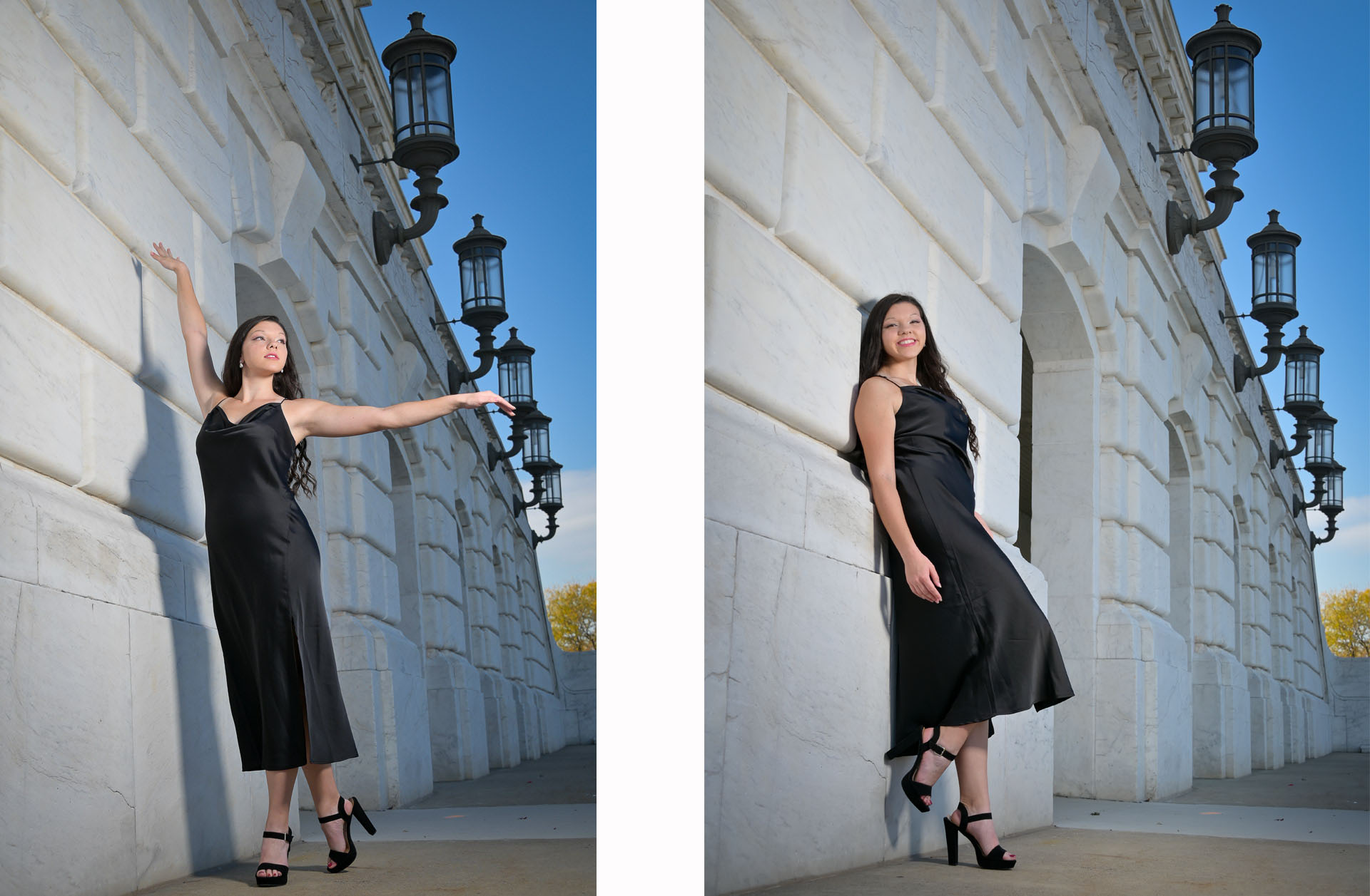 Olivia, from Troy MI, strikes a dancer's pose again the backdrop of the Museum.
