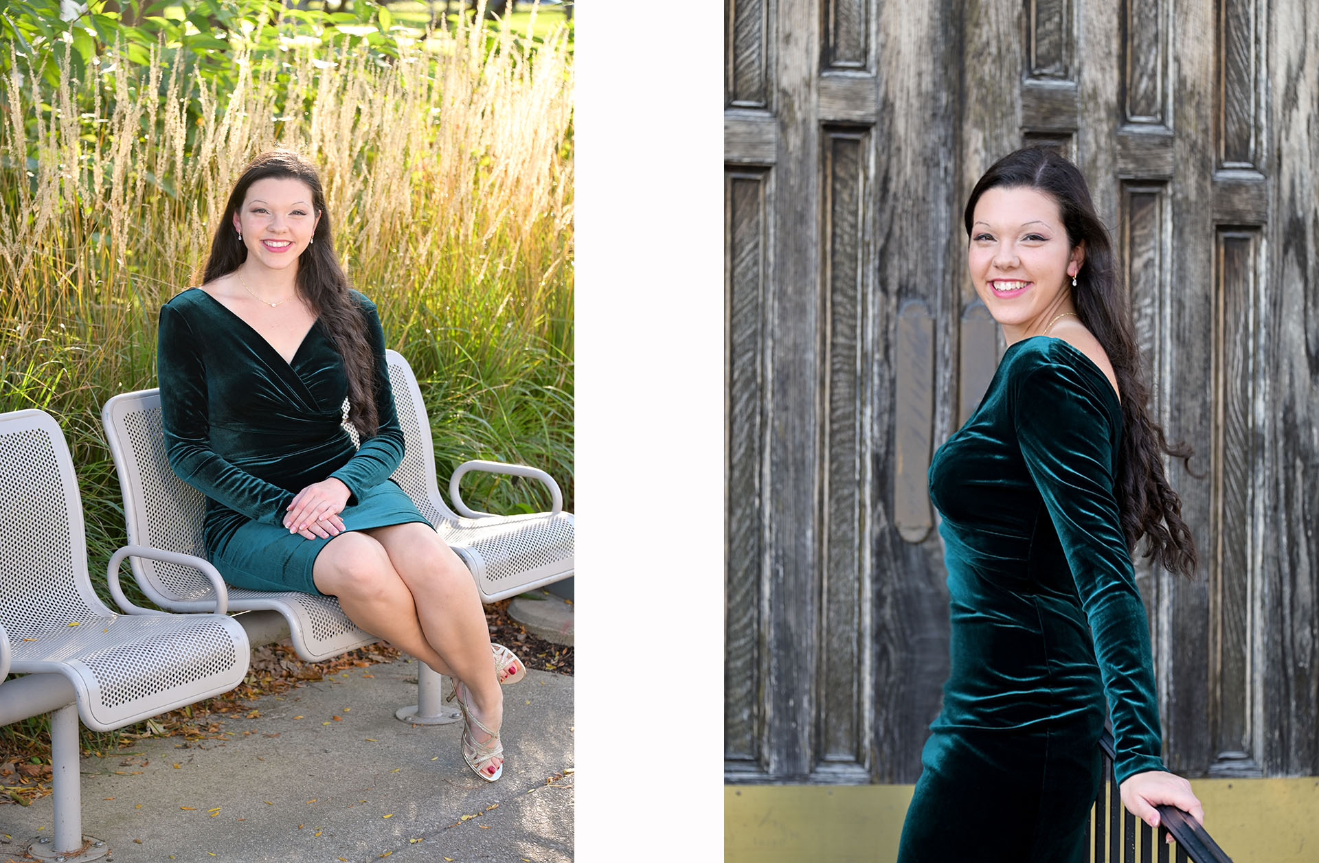  Troy High School, Michigan senior Olivia in a green velvet dress for her senior photos.