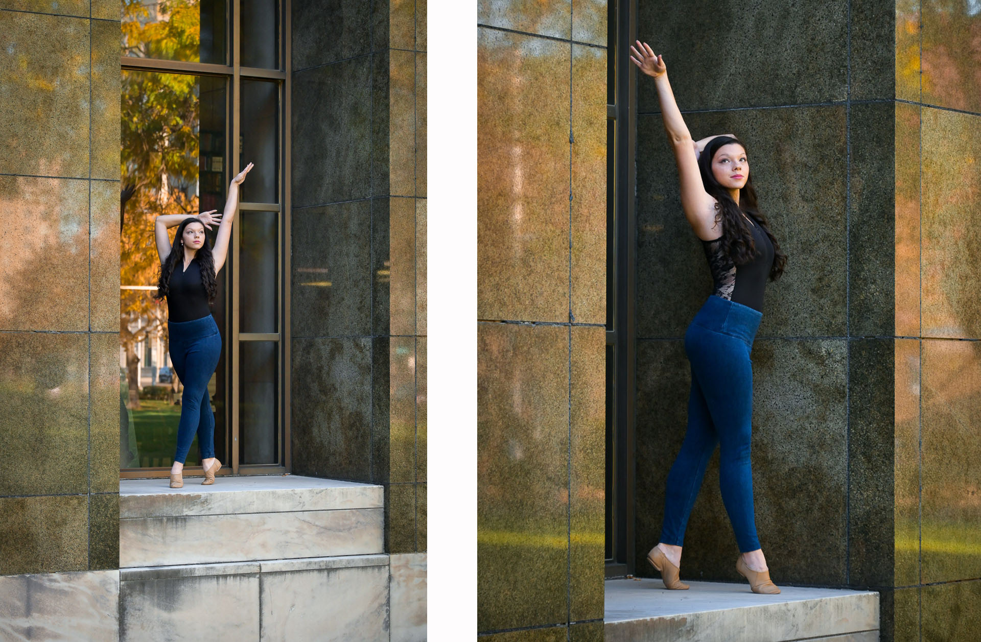 Wanting to put this senior on a pedestal showcasing her dance poses and the fall made for dramatic senior pics.